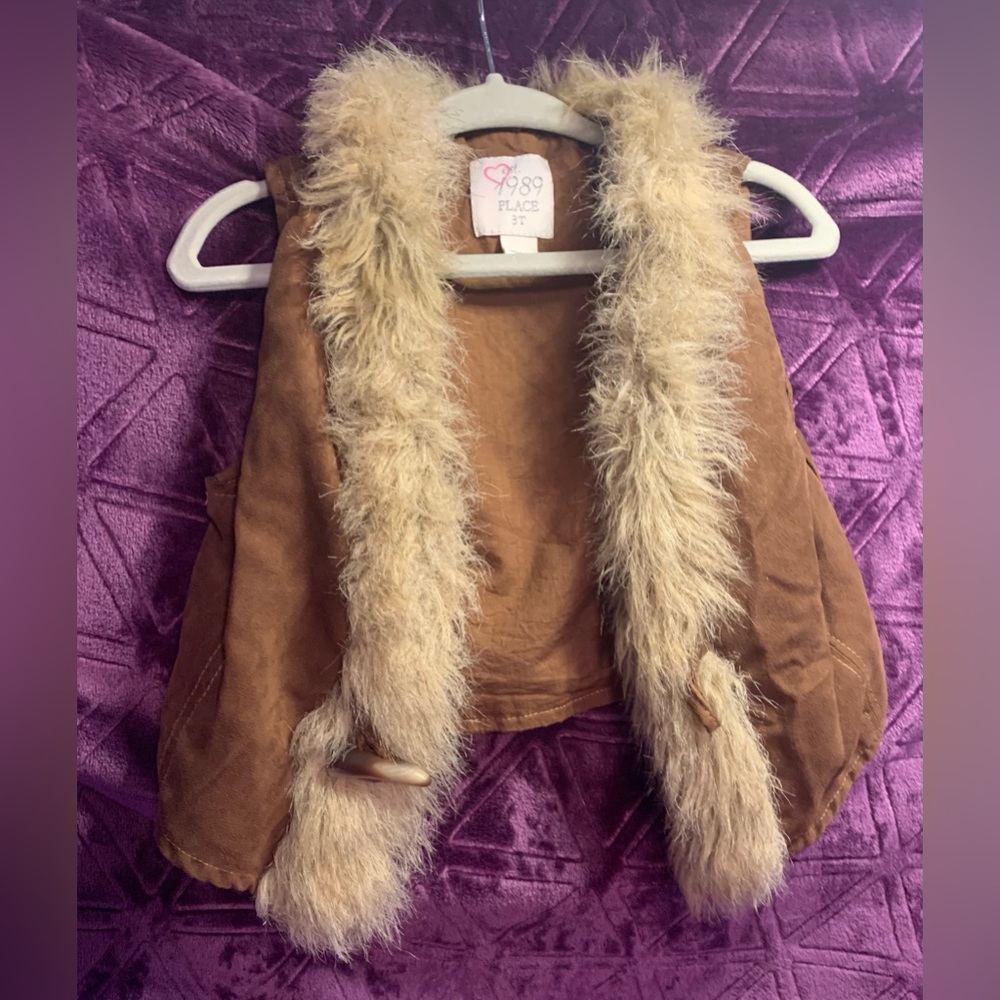 Est. 1989 Place tan brown fur-trimmed vest, 3T toddler girl, faux suede
